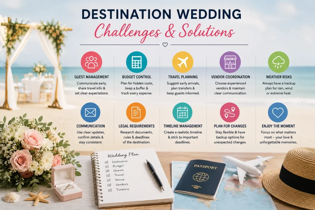 Destination wedding challenges and solutions infographic covering guest management, budget planning, travel logistics, vendor coordination, and weather preparation