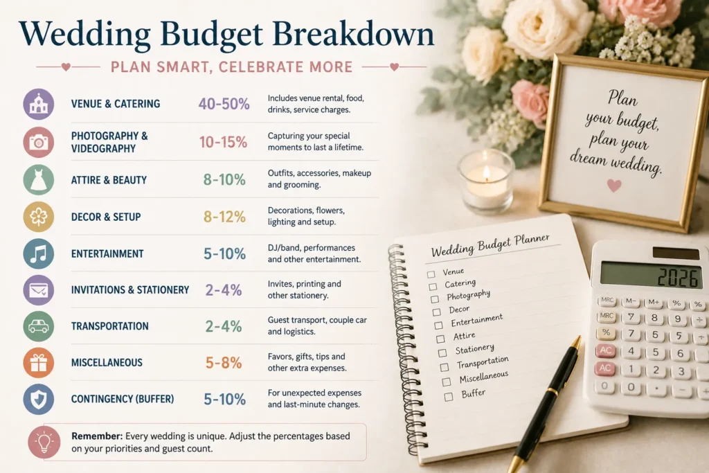 Wedding budget breakdown showing venue costs, catering, photography, decor, entertainment, and wedding planning expenses in 2026