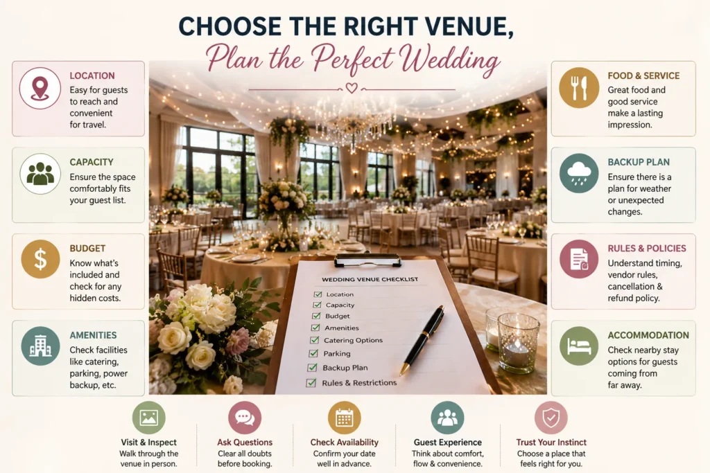 Wedding venue checklist showing location, budget, guest experience, and booking tips