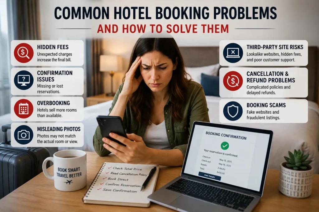 Illustration showing common hotel booking problems such as hidden fees, overbooking, cancellation issues, booking scams, and practical solutions for travelers