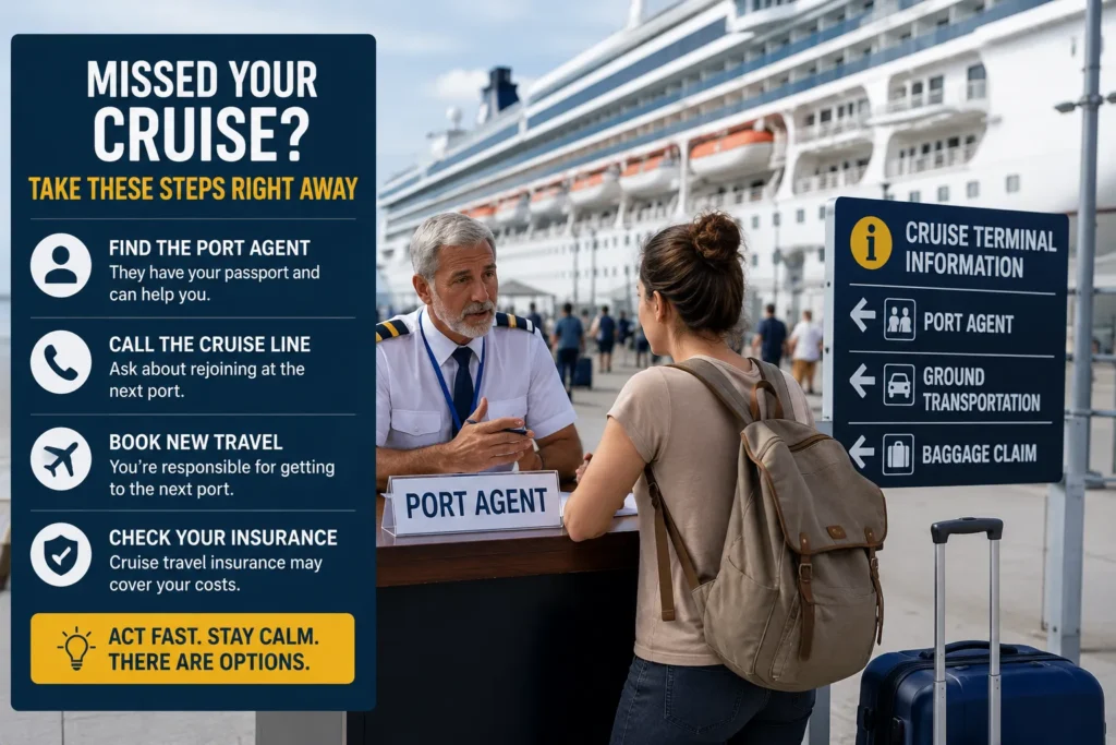 Port agent helping a traveler at the cruise terminal after a missed cruise departure with guidance on rejoining the ship
