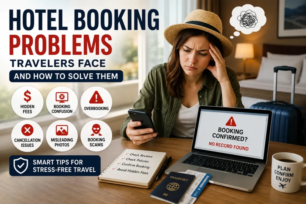 Traveler facing hotel booking problems including hidden fees, overbooking, booking confirmation issues, and scams with tips for stress-free hotel reservations.
