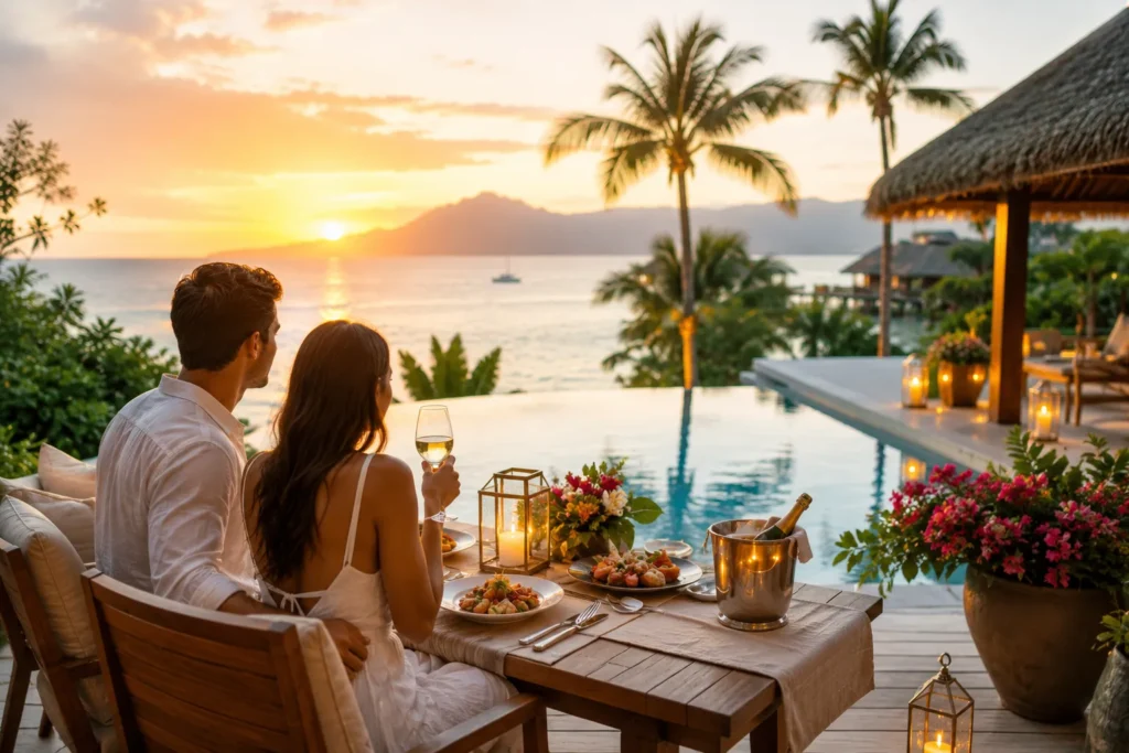 Couple having a romantic dinner at a luxury tropical resort during sunset, showcasing an affordable luxury honeymoon experience
