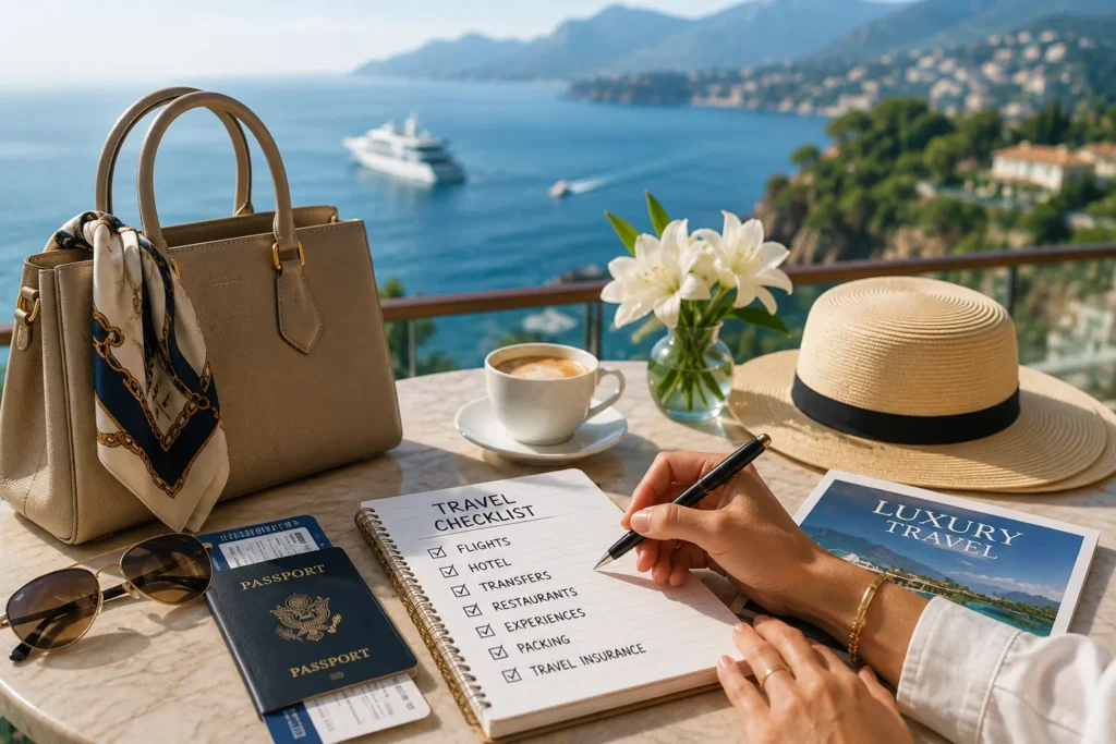 Luxury vacation planning checklist with passport, travel essentials, and scenic resort view for a stress-free luxury travel experience.