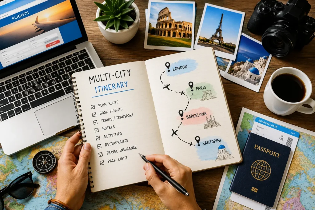 Traveler creating a multi-city vacation itinerary with a travel planner, map, laptop, passport, and checklist for a stress-free multi-city trip.