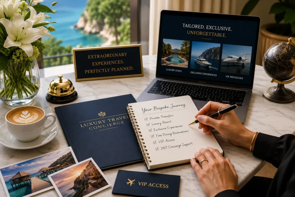 Personalized luxury travel concierge planning a custom itinerary with exclusive travel experiences, luxury accommodations, and VIP services.