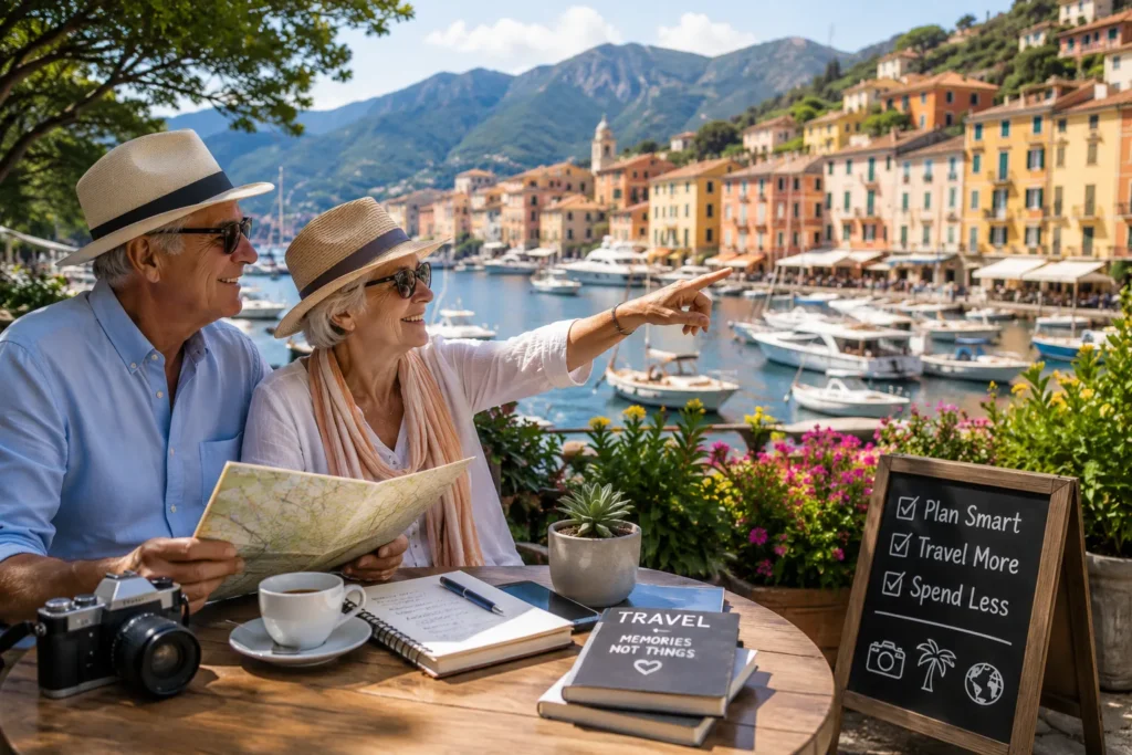 Retired couple planning a budget-friendly vacation at a seaside café during travel after retirement with maps and travel essentials.
