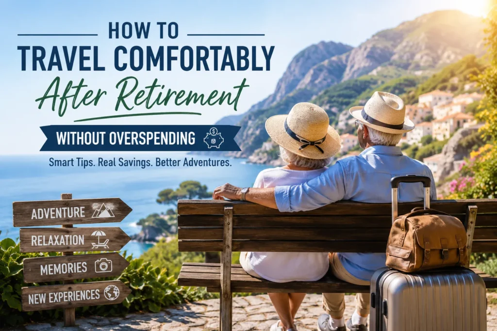 Happy retired couple enjoying a comfortable and affordable vacation during travel after retirement with a scenic coastal view.