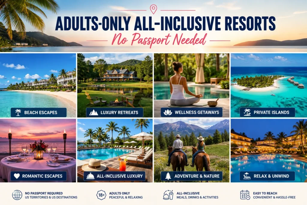 Comparison of adults-only all-inclusive resorts no passport needed, highlighting beach escapes, luxury retreats, wellness getaways, private islands, and romantic vacations.
