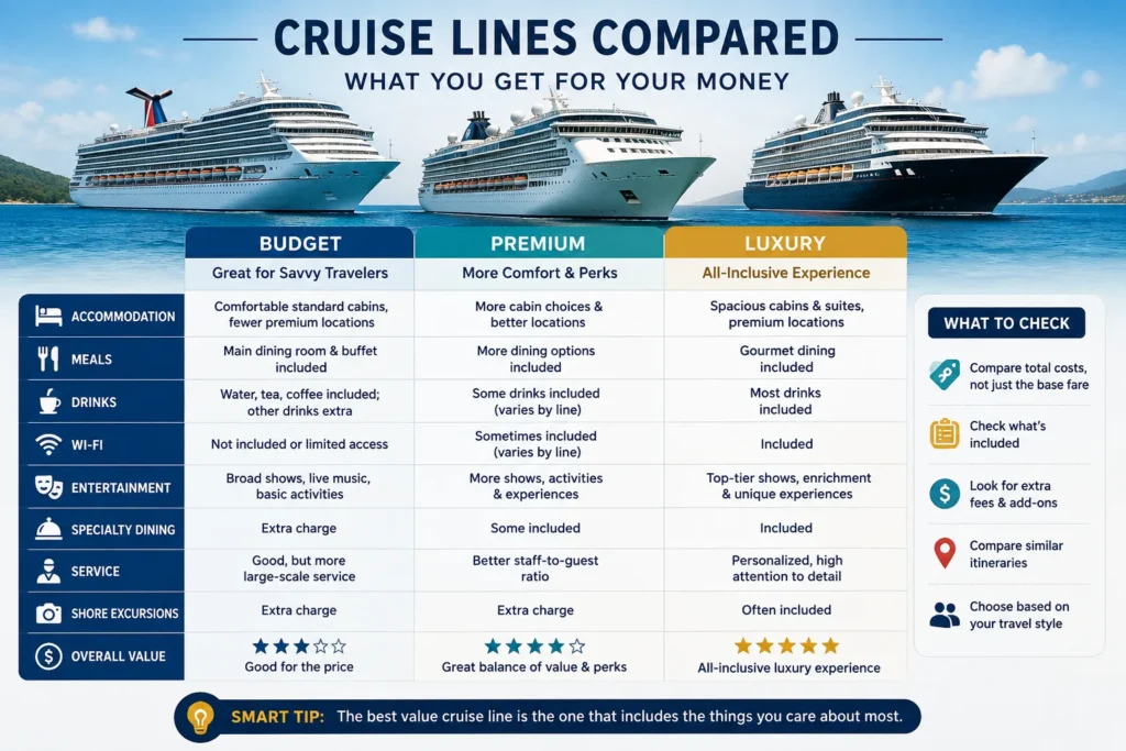 Comparison of budget, premium, and luxury cruise options including cabins, meals, drinks, Wi-Fi, entertainment, and value