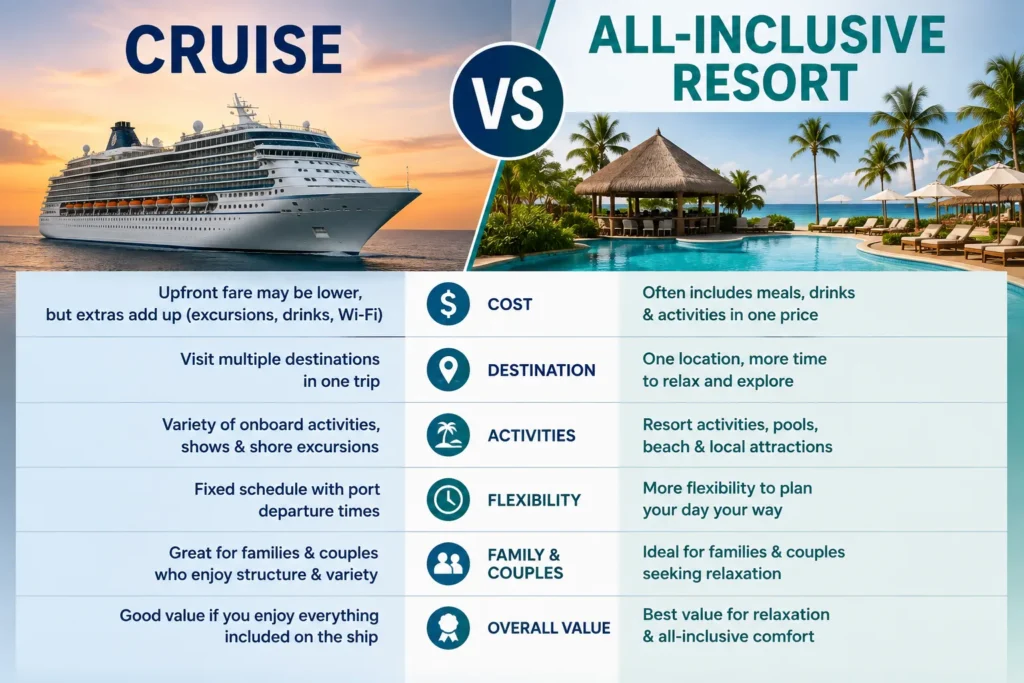 Cruise and all-inclusive resort comparison of cost, activities, destinations, and flexibility