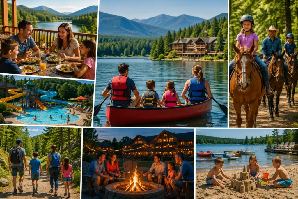 Families enjoying canoeing, horseback riding, hiking, water park fun, lakeside dining, and beach activities at family-friendly all-inclusive resorts in the USA.