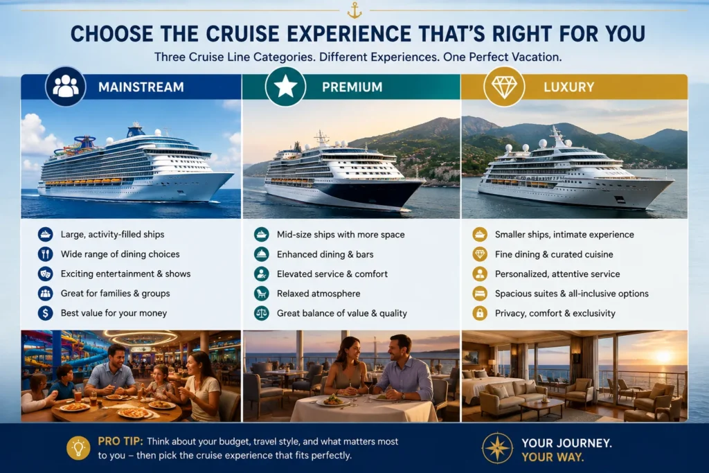 Mainstream, premium, and luxury cruise comparison showing differences in ships, dining, service, atmosphere, and travel experience