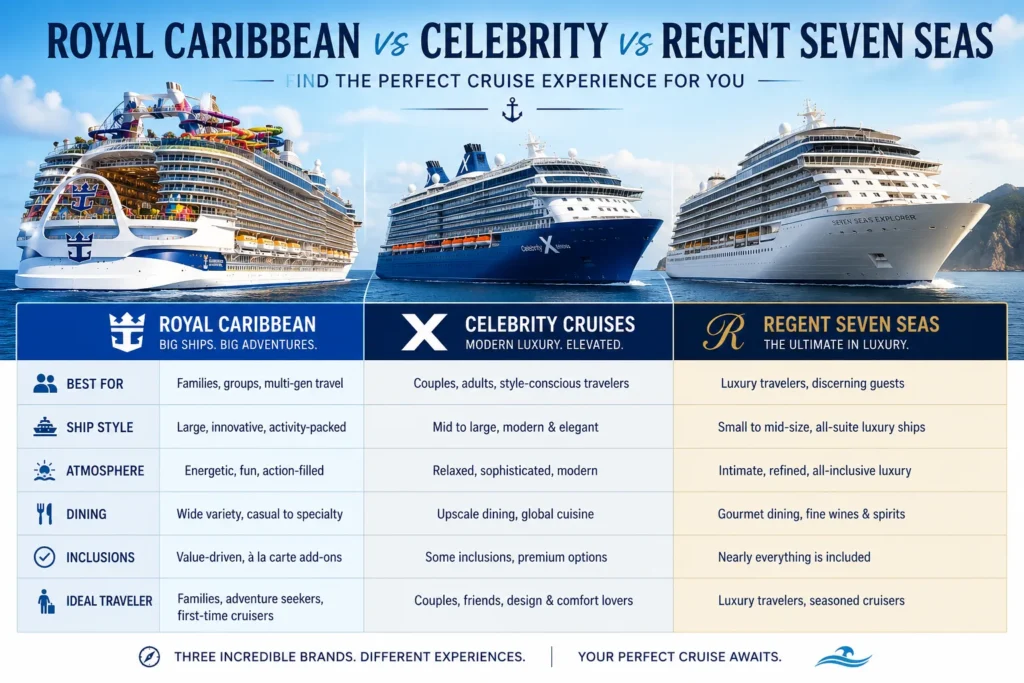 Royal Caribbean, Celebrity Cruises, and Regent Seven Seas cruise comparison