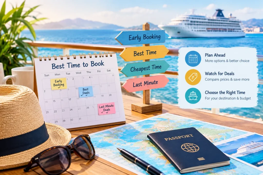 Cruise booking calendar showing early booking, deals, and last-minute travel options