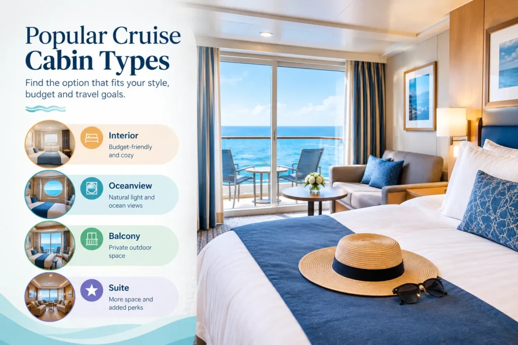 Cruise cabin types comparison showing interior, oceanview, balcony, and suite options