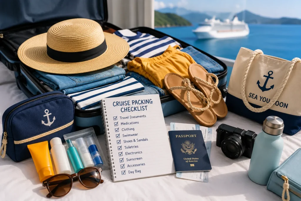 Cruise packing checklist with clothes, toiletries, passport, and travel essentials