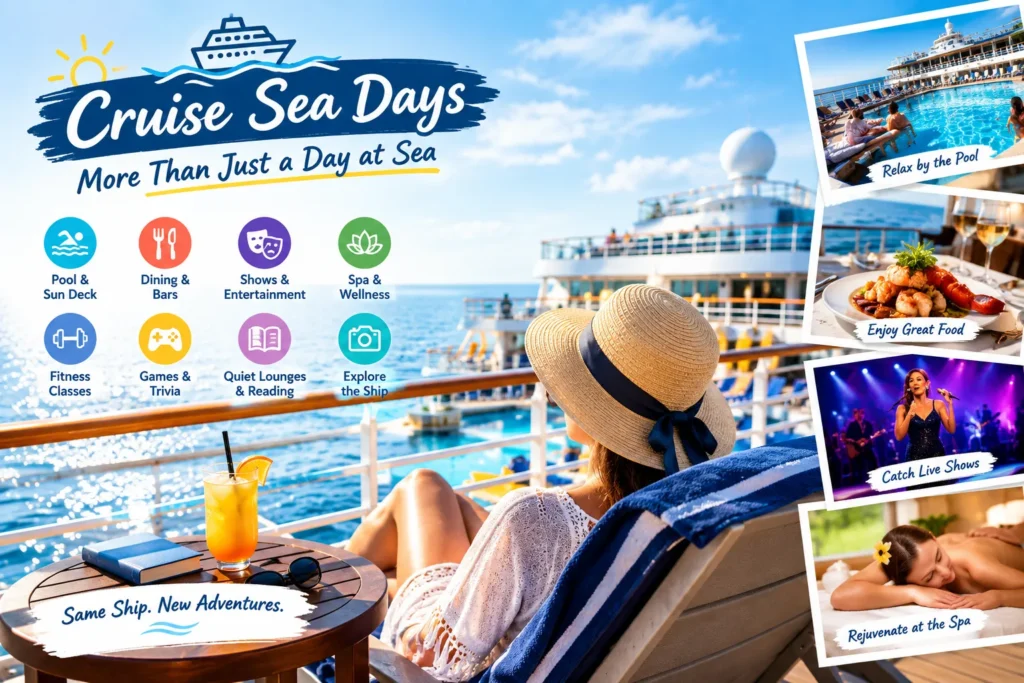 Cruise sea day activities including pool, dining, entertainment and spa