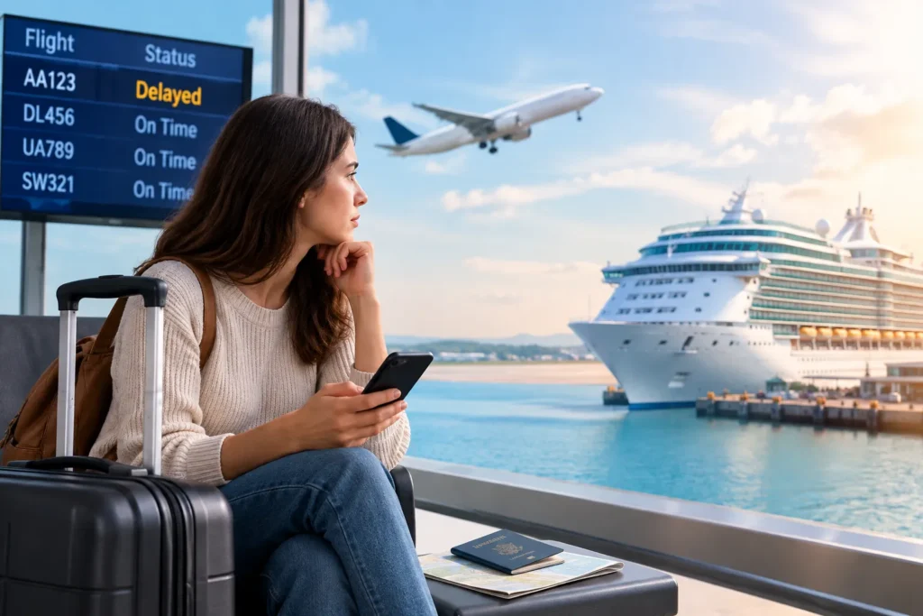 Traveler waiting at an airport after a flight delay before a cruise departure