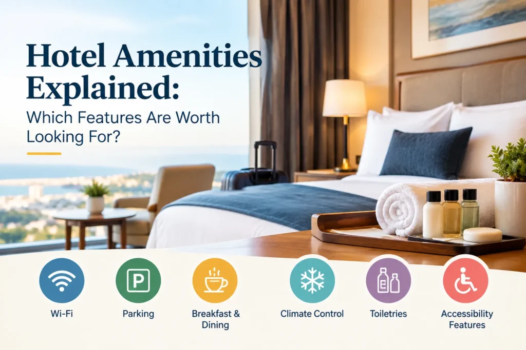 Hotel amenities including Wi-Fi, parking, breakfast, climate control, toiletries, and accessibility features
