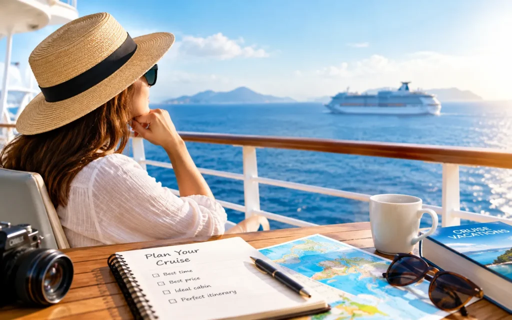 Woman planning a cruise vacation while looking at a cruise ship and travel map