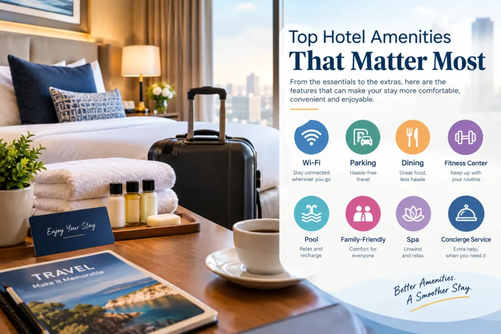 Top hotel amenities including Wi-Fi, parking, dining, fitness, pool, spa, and concierge services