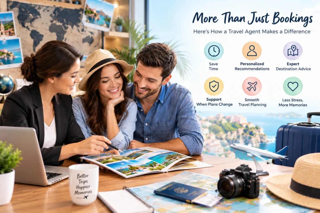 Travel agent helping travelers with personalized trip planning