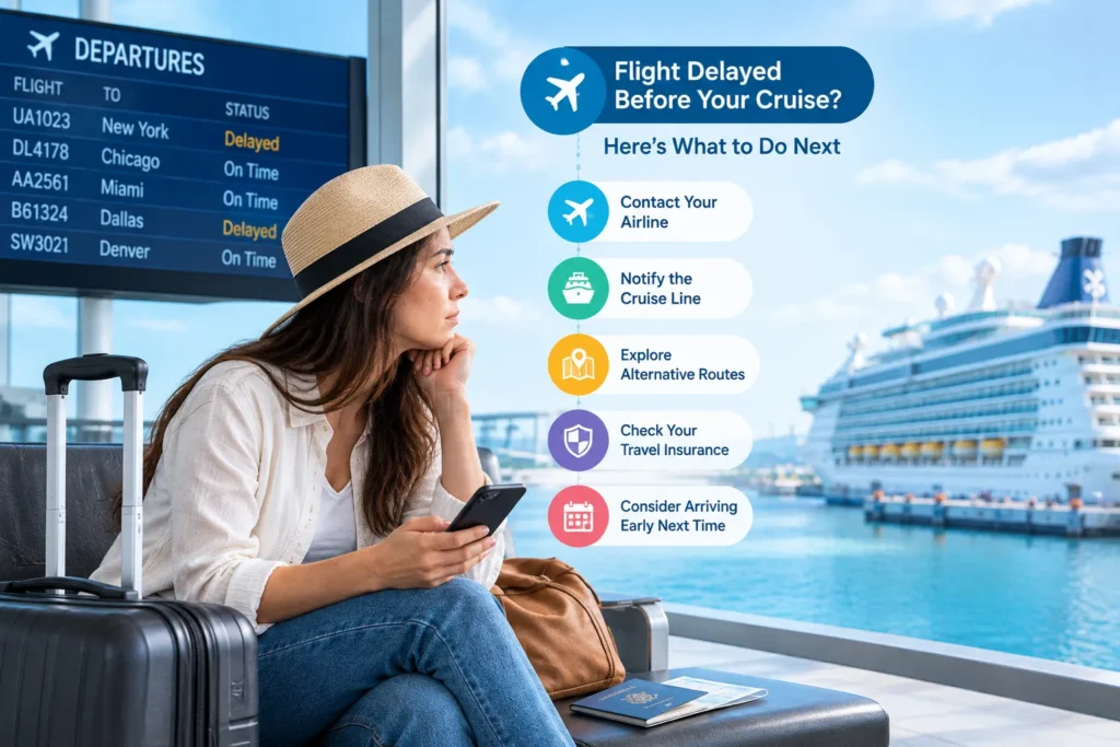 Steps to take when a flight is delayed before a cruise departure