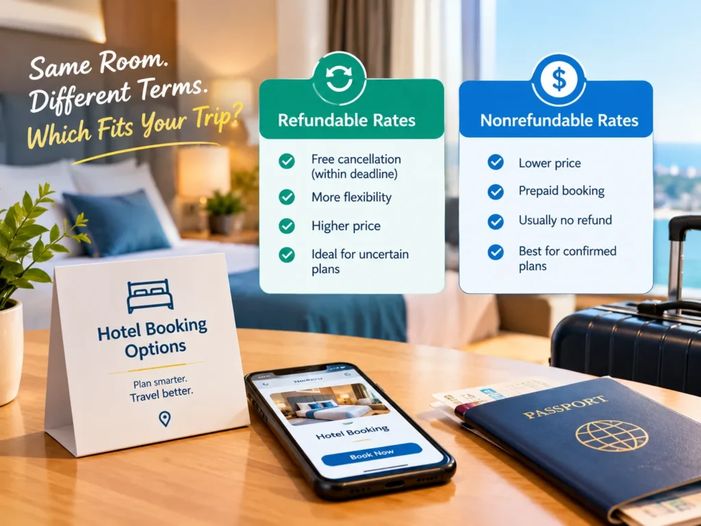 Comparison of refundable and nonrefundable hotel rates, including cancellation flexibility, price, and refund terms.