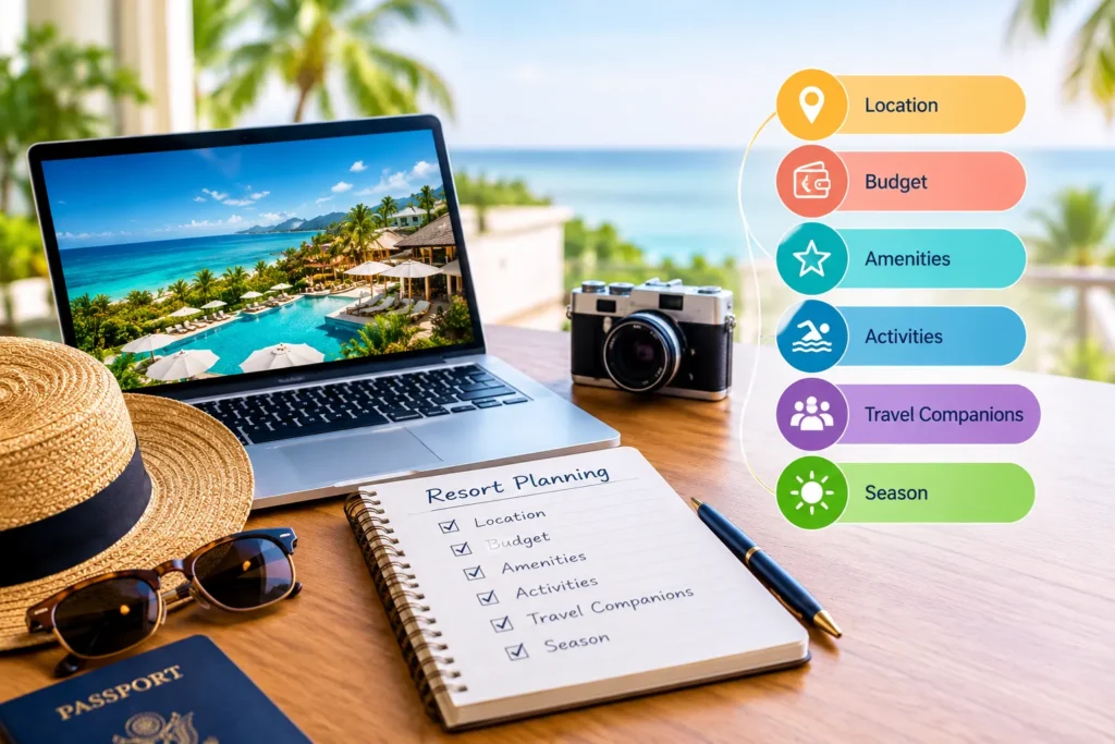 Resort vacation planning checklist covering location, budget, amenities, activities and travel season